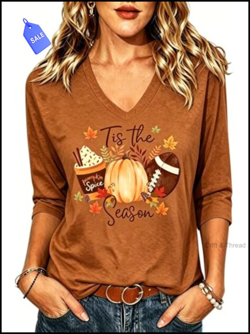 3/4 Sleeve Halloween Pumpkin Graphic V-Neck T-Shirt Women Casual Fall Tee